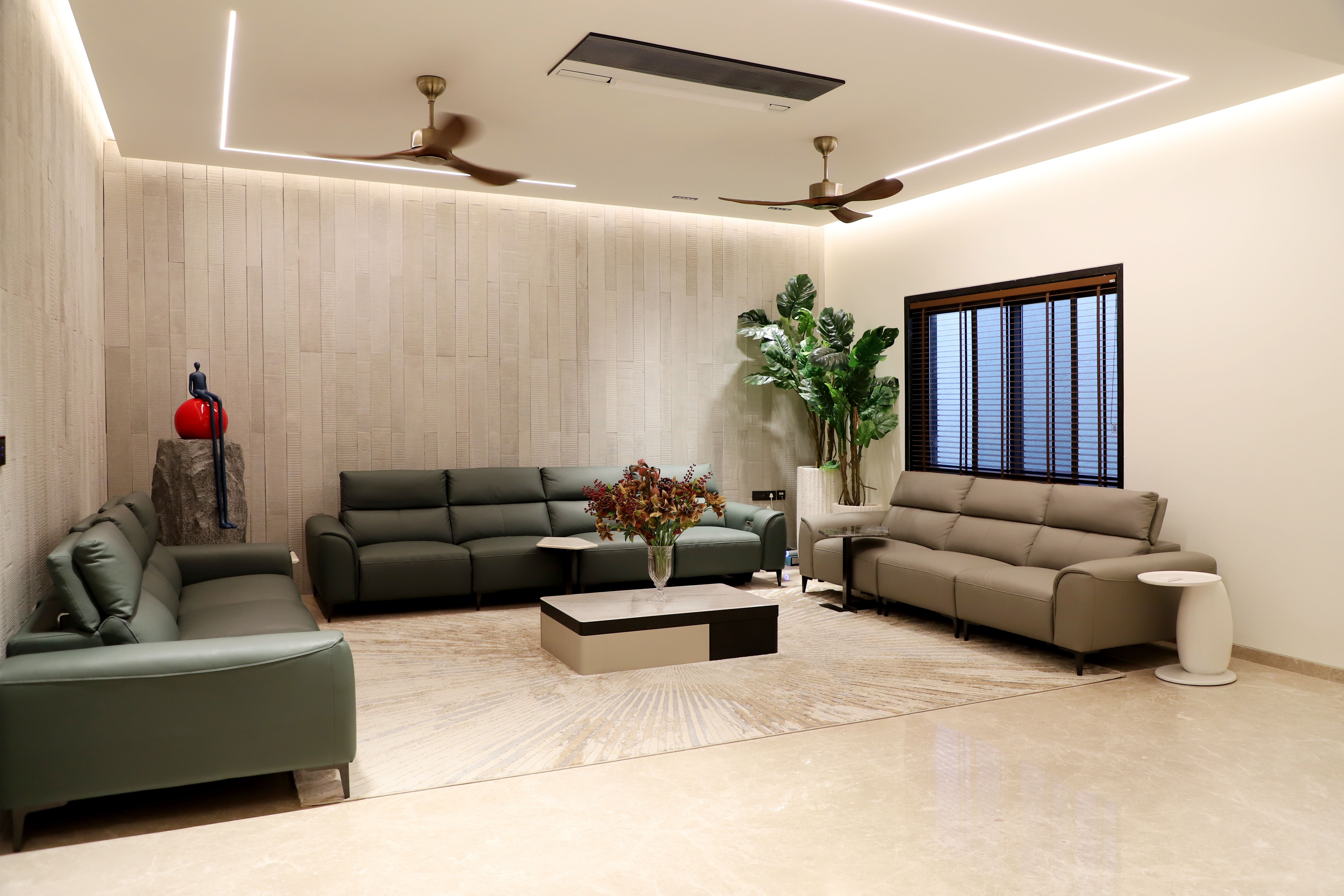 Modern living room with layered lighting and calm seating