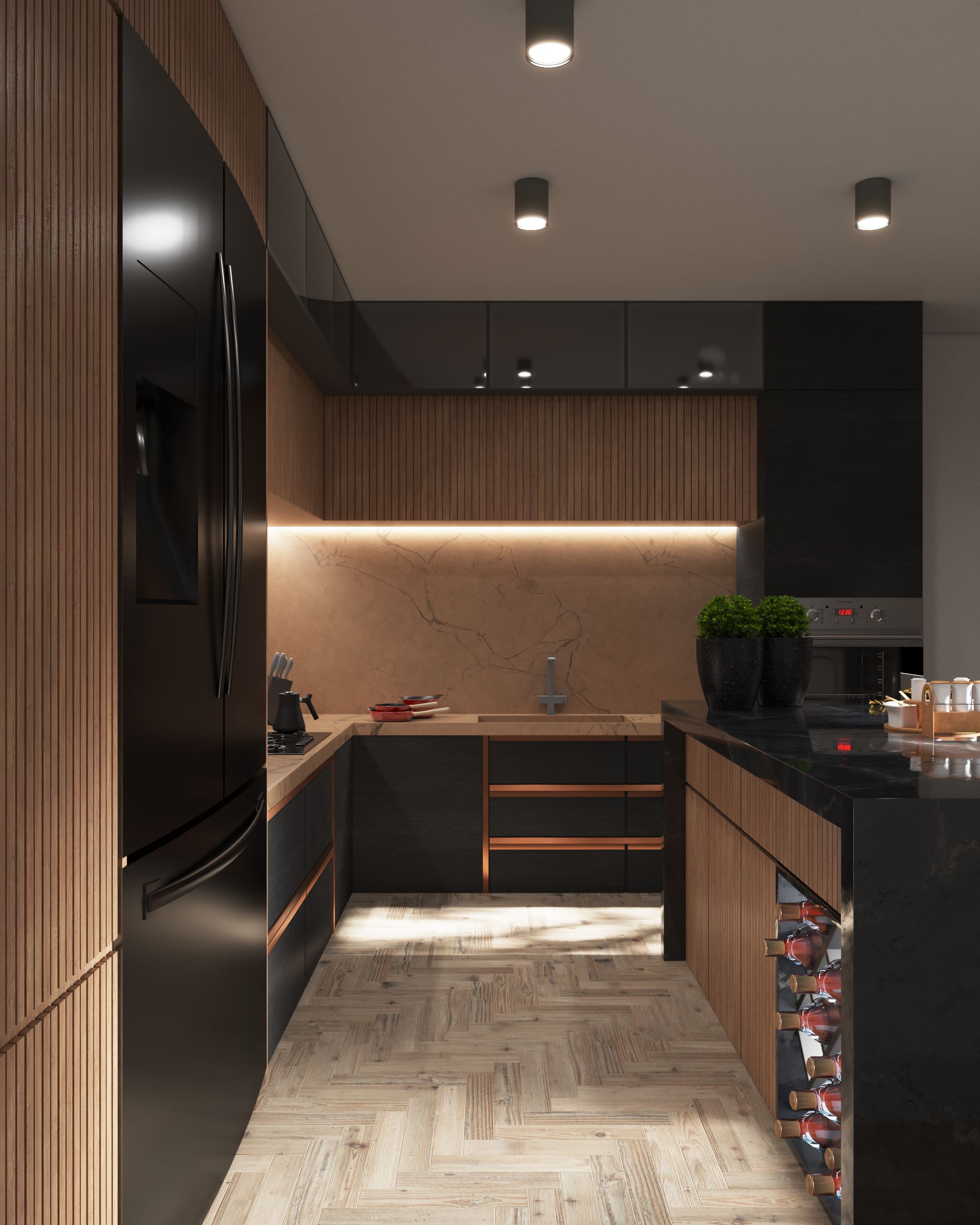 Modern kitchen interior with timber cabinetry and warm lighting